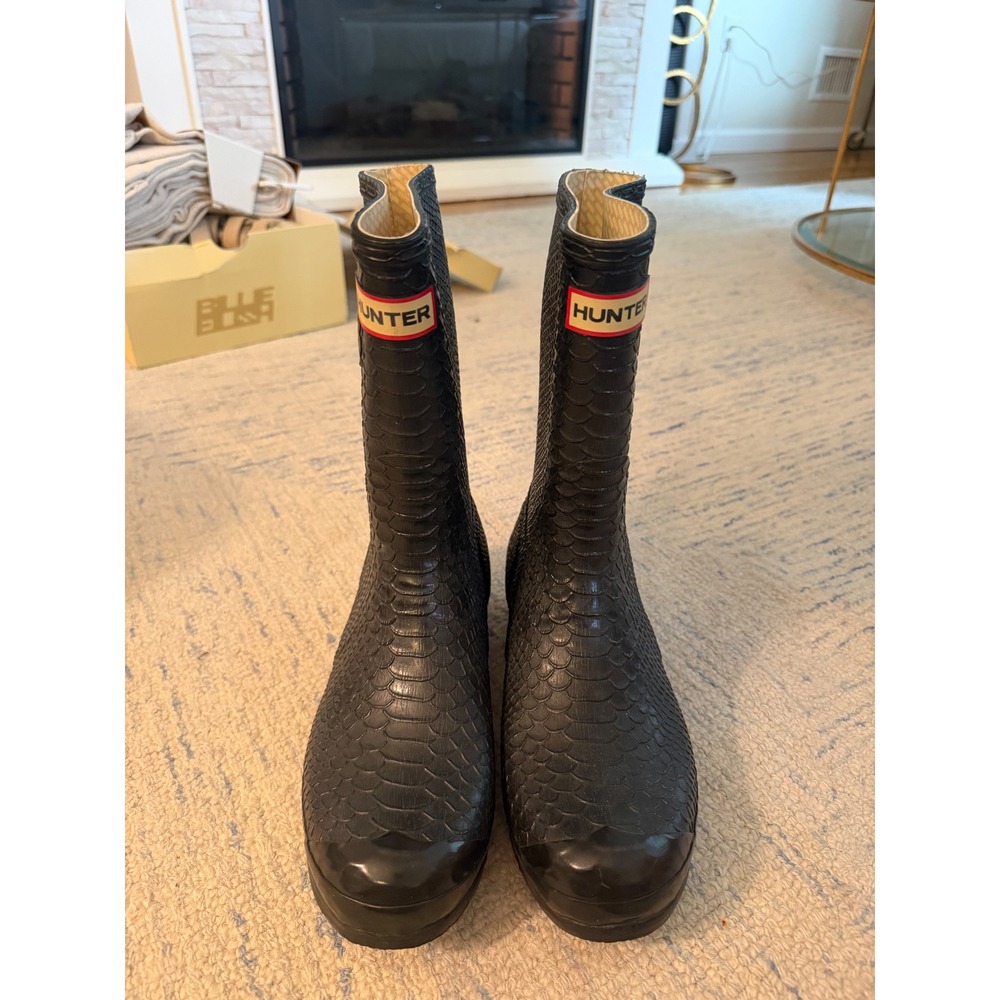 Hunter Original Short Snakeskin Embossed Rain Boots Black Matte Women 10